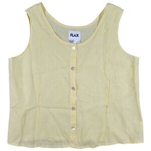 Flax Button Up Tank Top Womens L Yellow 100% Linen Lagenlook Sheer Sustainable